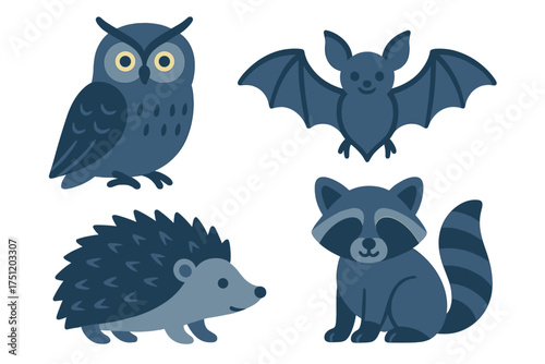 Cute nocturnal animals set featuring owl, flying bat, hedgehog, and raccoon