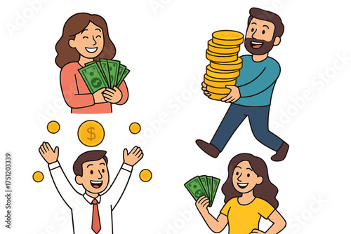 Smiling individuals holding banknotes and carrying stacks of golden currency coins