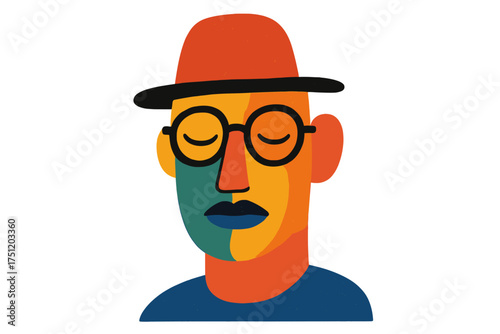 Abstract portrait of a person wearing a hat and round glasses with eyes closed