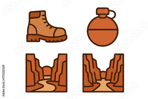 Outdoor adventure icons featuring hiking boot, water canteen, and desert canyon landscape views