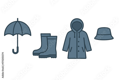 Essential rain protection gear: umbrella, rubber boots, raincoat, and waterproof hat