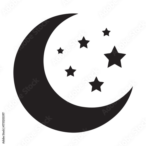 Black crescent moon and stars icon isolated on white background