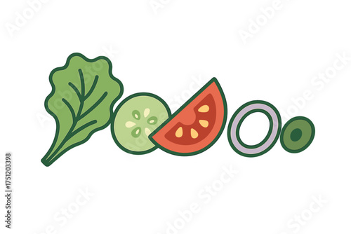 Fresh salad ingredients including lettuce, cucumber, tomato, onion, and olive slices