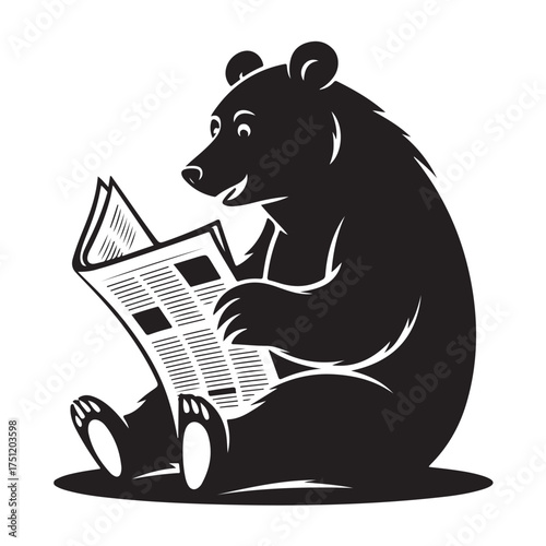 Black silhouette of a bear reading a newspaper, isolated on white background