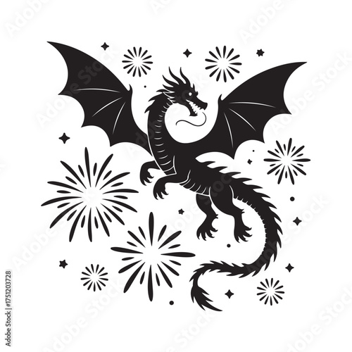Black silhouette of a dragon with wings spread, surrounded by fireworks and stars