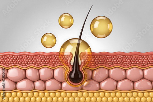 Skin Structure: Hair Follicle with Oil Gland Anatomy, Sebaceous Secretion Illustration