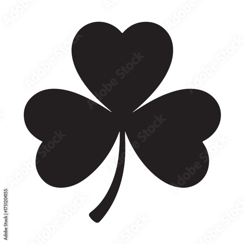 Black silhouette of a shamrock with three heartshaped leaves, isolated on white background