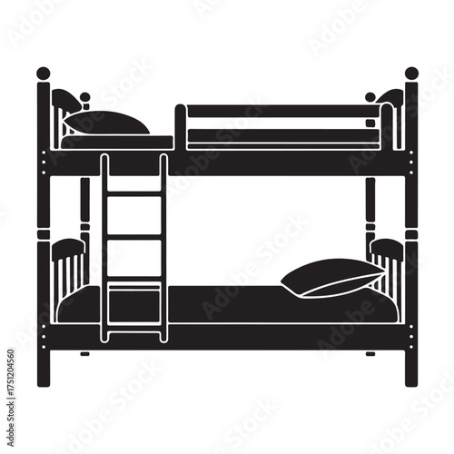 Bunk bed with ladder and pillows isolated on white background
