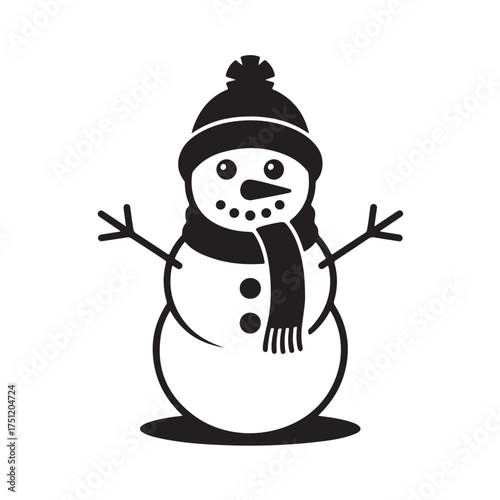 Cute black snowman with scarf and hat icon isolated on white background