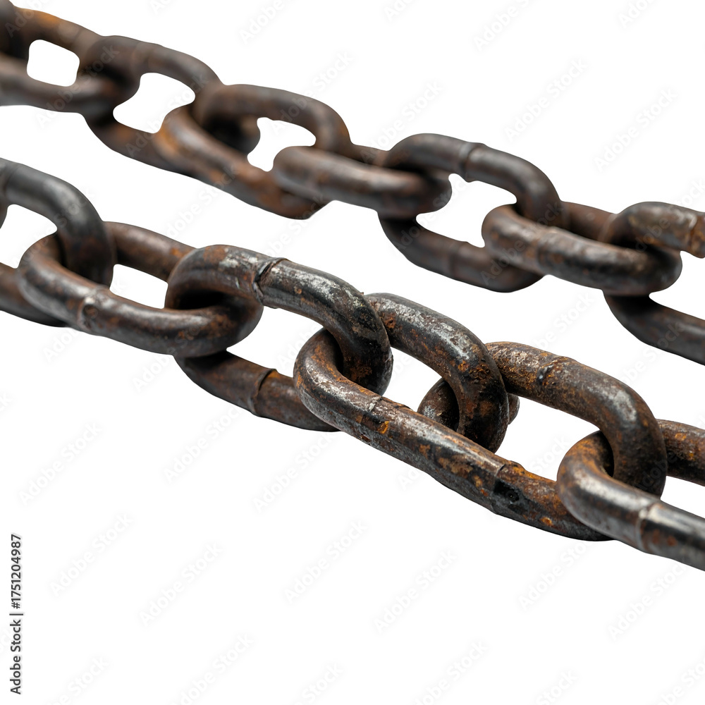 Fototapeta premium Close-up of two rusty chains with interlocked links, against a black background