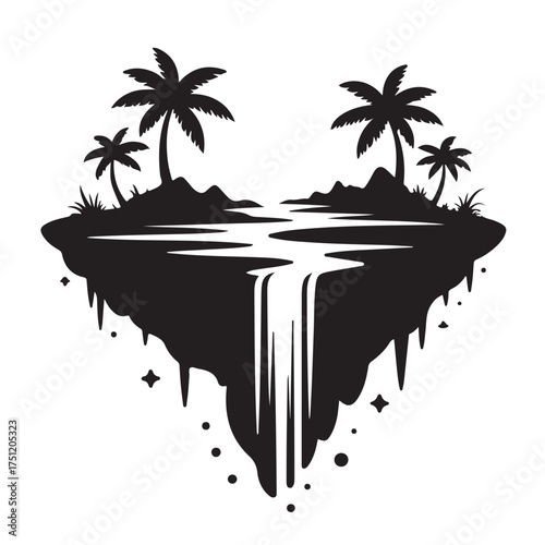 Floating island with palm trees and waterfall, heart shape, isolated on white background