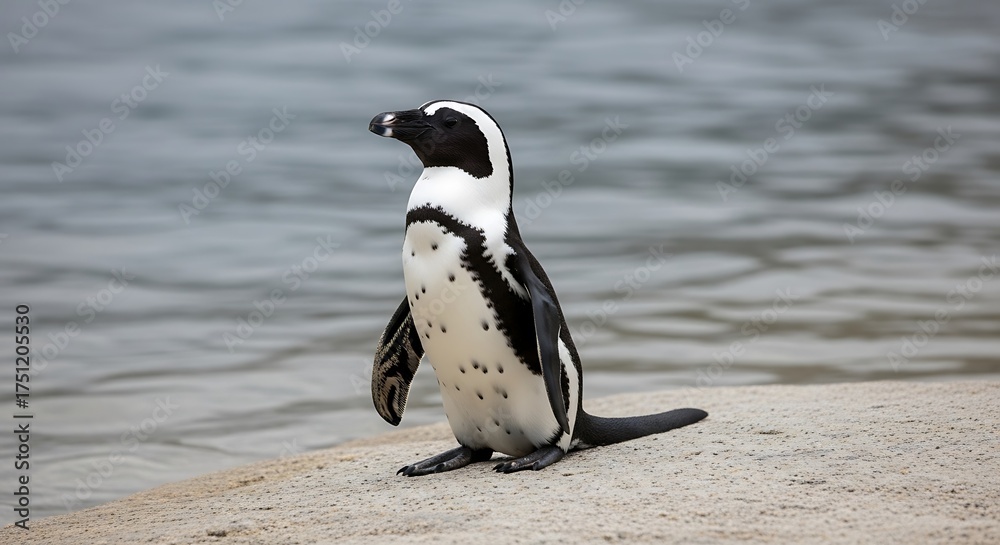 Naklejka premium An African Penguin Stands on a Rocky Shoreline Near the Water.