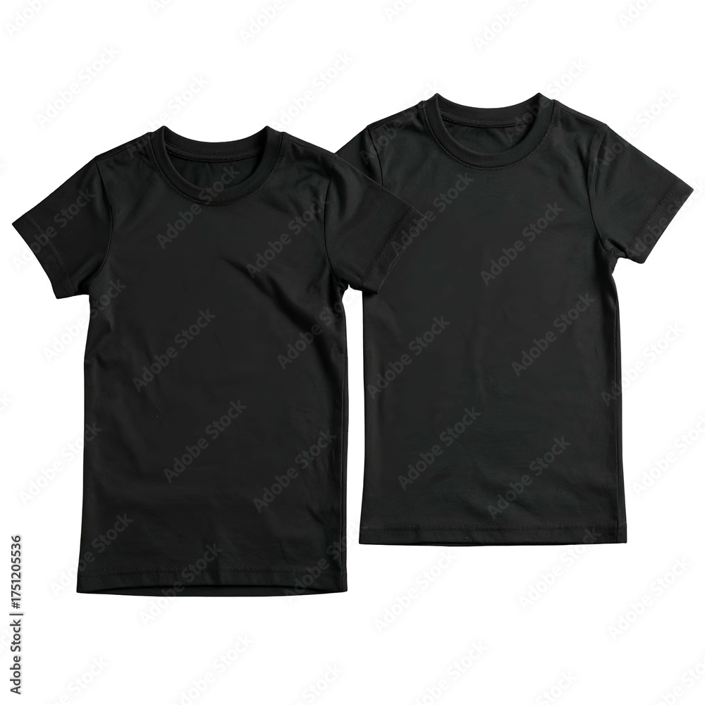 Fototapeta premium Two plain black t-shirts on a dark background, slightly overlapping, viewed from the front
