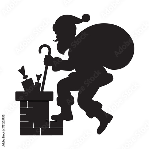 Santa claus silhouette climbing out of a chimney with a sack and cane, isolated on white background