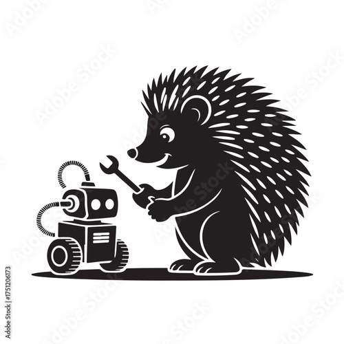 Silhouette of a hedgehog fixing a small robot with a wrench, isolated on white background