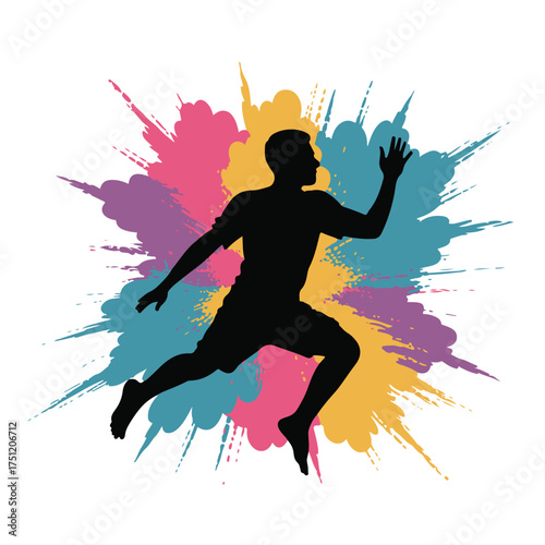 Silhouette of a runner in motion against a colorful abstract paint splash background
