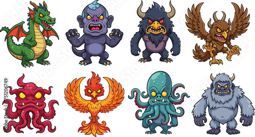 Fantasy creature cartoon set, mythical monster icons, colorful character collection for games, storytelling, kids media, and creative illustration projects
