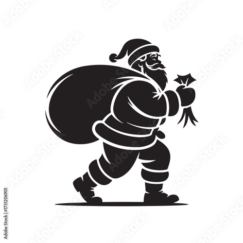 Silhouette of santa claus carrying a sack of gifts and a star, isolated on white background