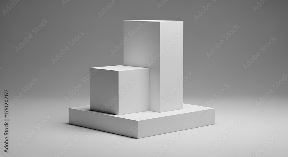 Fototapeta premium White geometric pedestals on a gray background studio display cube