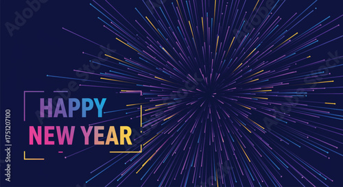 A illustration showcases a vibrant burst of colorful light streaks against a dark blue background, perfect for celebrating the arrival of the New Year with festive cheer.