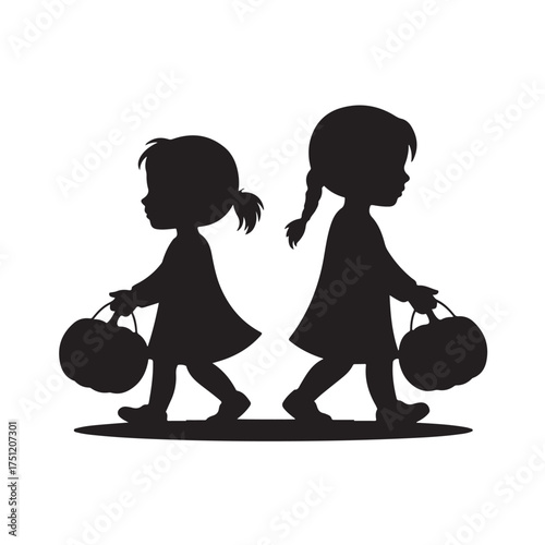 Two silhouette girls walking with candy buckets, trick or treat concept illustration