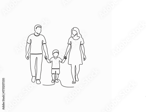 Happy family in continuous line art drawing style. Back view of parents with one child holding hands and walking together black linear sketch isolated on white background.