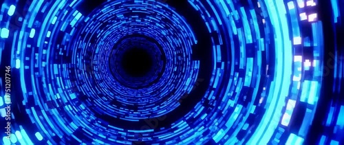 Mesmerizing abstract blue light tunnel with rotating circles creating a futuristic digital realm