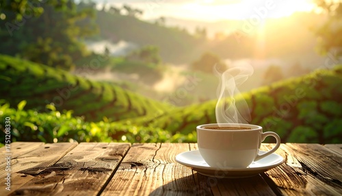 A cup of steaming beverage sits on a wooden table. Lush green tea terraces in the background, bathed in golden morning light