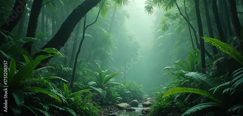 Misty jungle scene with lush green plants, dense foliage, and a small stream flowing through rocks. Tall trees and a foggy atmosphere create a tranquil, wild environment with ample copy space.
