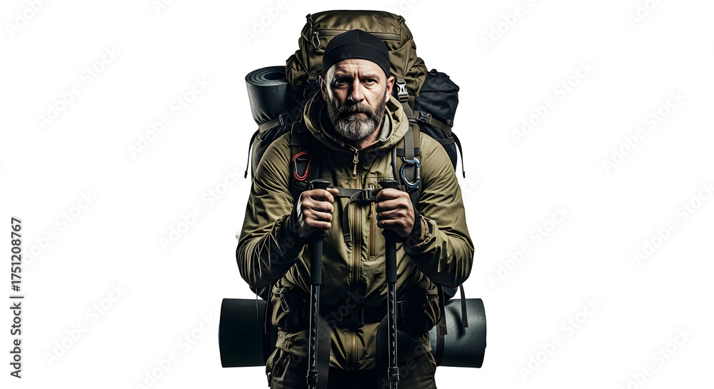 Fototapeta premium Determined bearded adventurer equipped with a large backpack and trekking poles, ready to embark on a rugged outdoor expedition, symbolizing endurance and a spirit of wilderness exploration