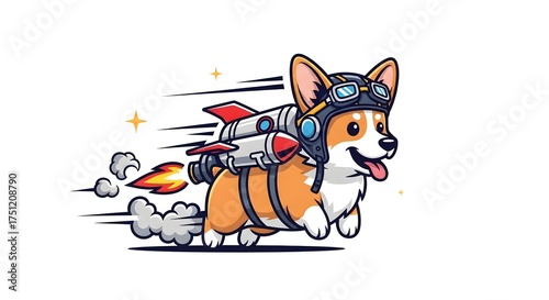 Corgi with Rocket: A cheerful corgi dons a pilot's helmet and rockets through the air, symbolizing the adventurous spirit of dogs and joy of exploration.