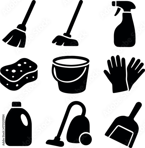 Home Cleaning Tools Icon Set – Minimal Black Silhouette Vector Collection