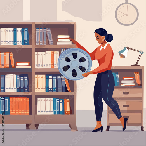 A woman holding a film reel in a library with bookshelves and office furniture.