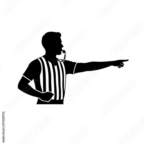 Silhouette of referee with whistle pointing direction, wearing striped uniform