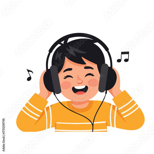 Joyful Child Listening to Music with Headphones and Musical Notes