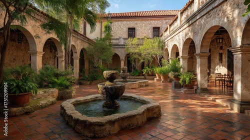 Spanish colonial courtyard with arches, stone fountains, and terracotta tiles