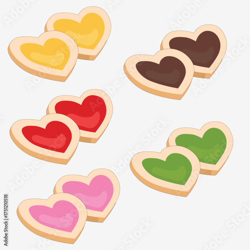 vector illustration of heart shaped cookies with colorful icing in pastel and bright tones. Perfect for Valentine’s Day, love themed greeting cards, cozy winter projects, bakery branding, or cute pack