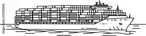 Line Art Illustration of a Container Ship Carrying Cargo on Water