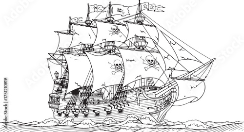 Black and White Line Art Illustration of a Pirate Ship with Skull and Crossbones Sails on Ocean Waves