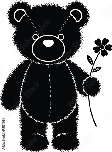 Cute black teddy bear silhouette holding a delicate flower in its paw isolated on white background