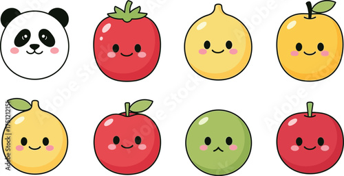 Cute kawaii style cartoon fruits and panda characters with happy faces and blush cheeks