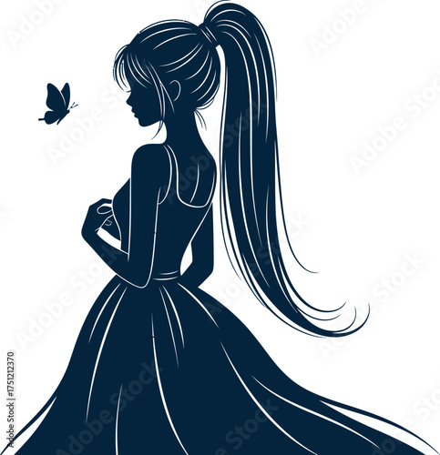 Elegant silhouette of a woman in a ball gown with a butterfly landing on her hand