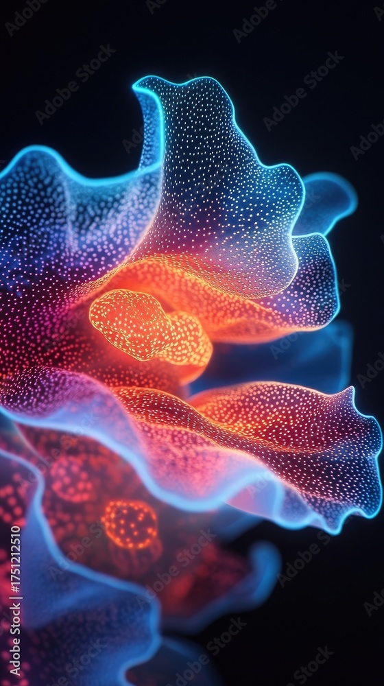 Fototapeta premium Bioluminescent Abstract: Glowing Coral-like Form with Dotted Texture on Black Backdrop