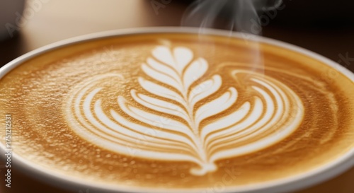 Hot latte with delicate foam art steams gently above the cup.