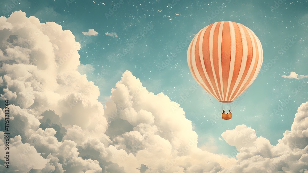 Fototapeta premium Hot air balloon ascends into a sky filled with clouds and stars.