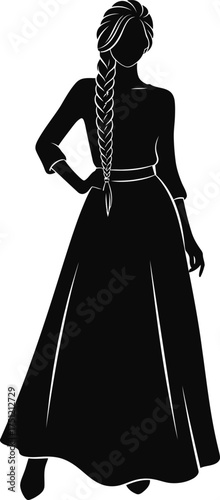 Elegant silhouette of a woman with a long braid standing next to a black cat on a white background