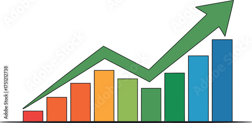 Colorful bar graph with an arrow pointing upwards isolated on white background