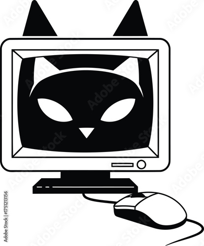 Retro computer monitor displaying a black cat face with pointed ears and a computer mouse on a white background
