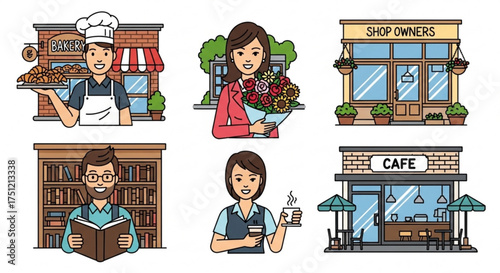 Illustration of a variety of small business owners in front of their stores, showcasing diversity and entrepreneurship