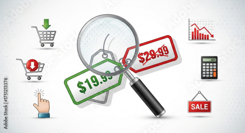 Online shopping price comparison with magnifying glass and price tags ecommerce and retail concept